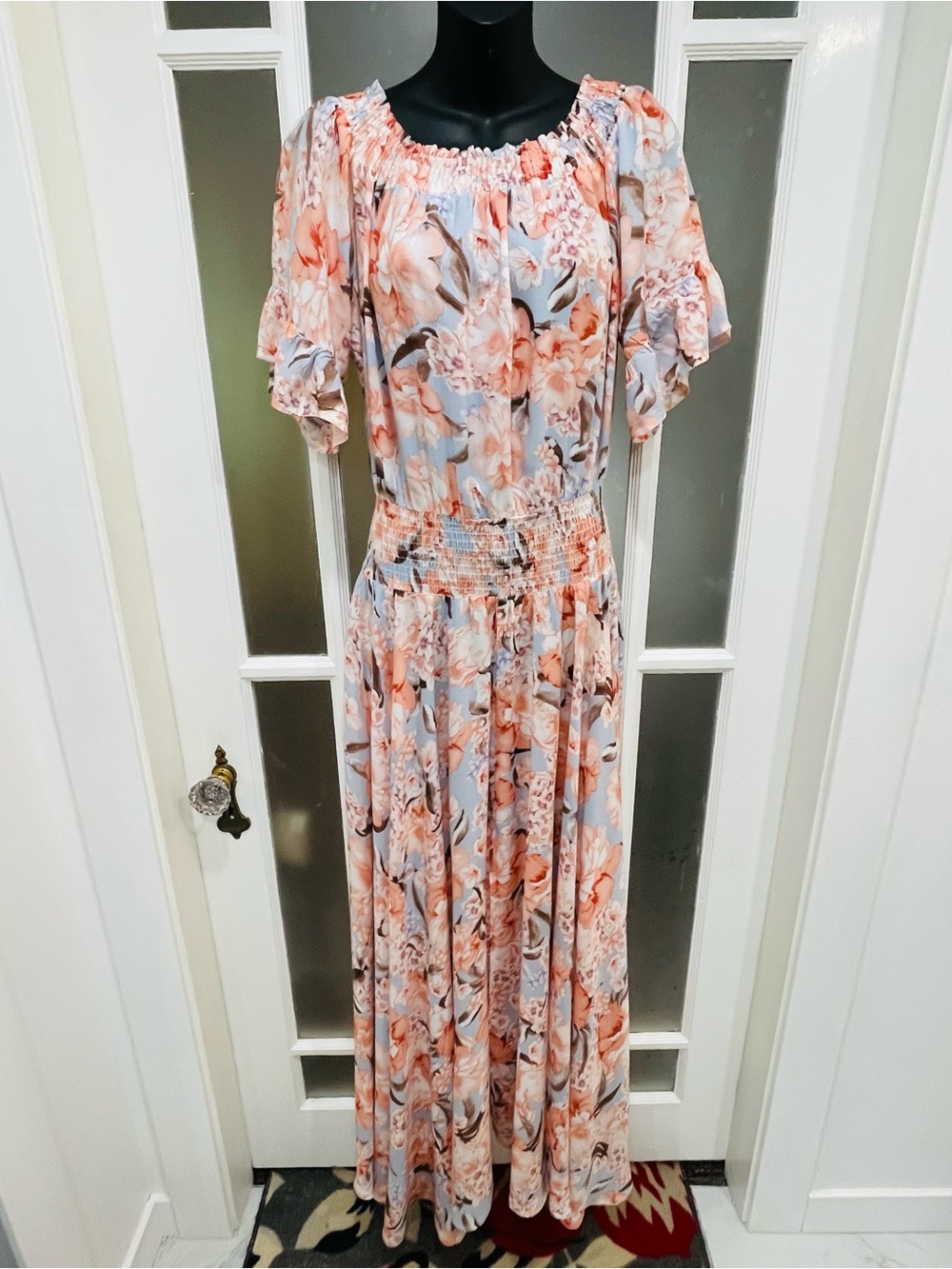 Showpo Peach & Light Blue Floral Off-Shoulder Maxi Dress